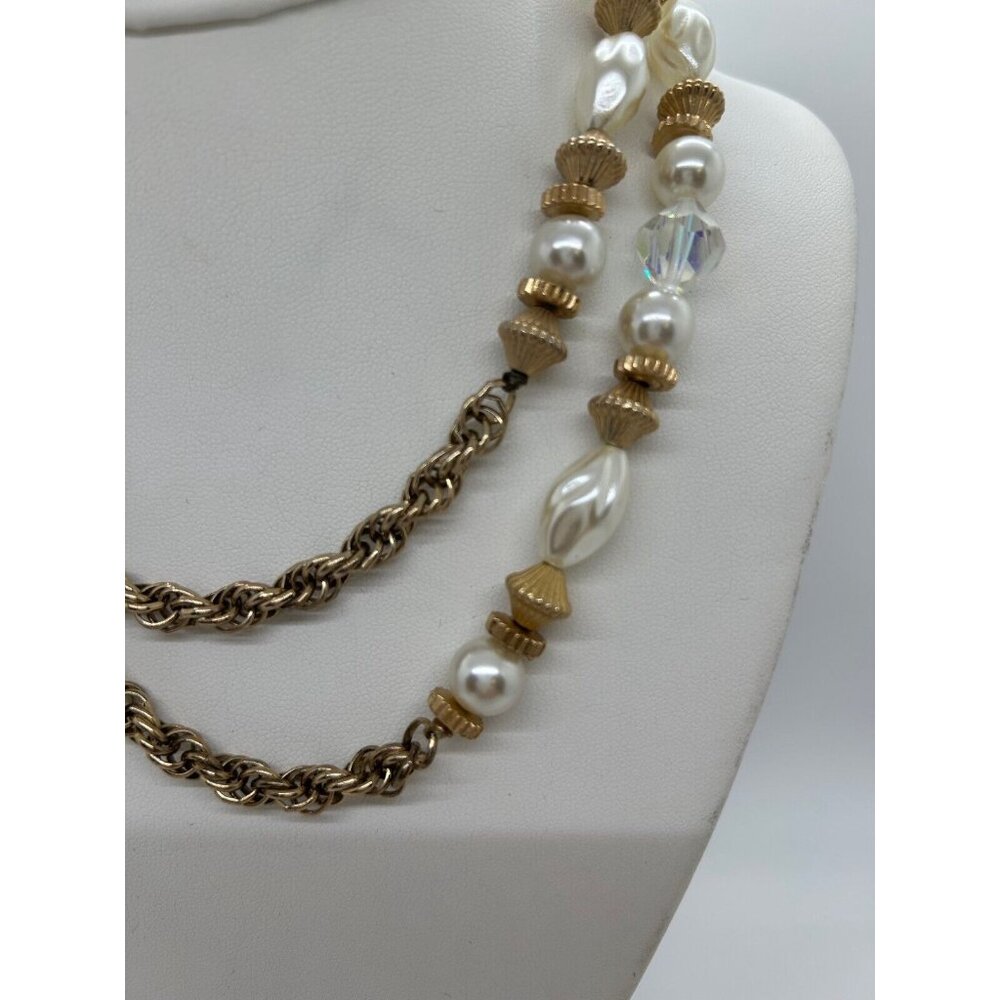 Faux Pearl Necklace Crystals Gold-tone Rope Chain Two Strand Strand Vintage - Picture 7 of 14
